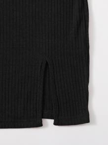 SHEIN Essnce Rib-knit Split Hem Dress - Black - View 5