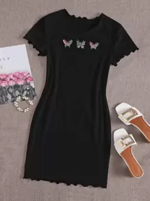 SHEIN EZwear Butterfly Embroidered Lettuce Edge Rib-knit Bodycon Dress