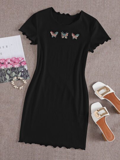 Butterfly Embroidered Lettuce Edge Rib-knit Bodycon Dress