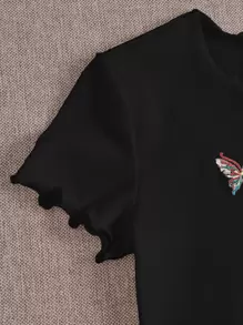 SHEIN EZwear Butterfly Embroidered Lettuce Edge Rib-knit Bodycon Dress