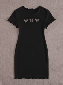 SHEIN EZwear Butterfly Embroidered Lettuce Edge Rib-knit Bodycon Dress