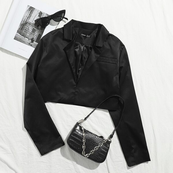 

Lapel Collar Non Functional Pocket Satin Blazer, Black