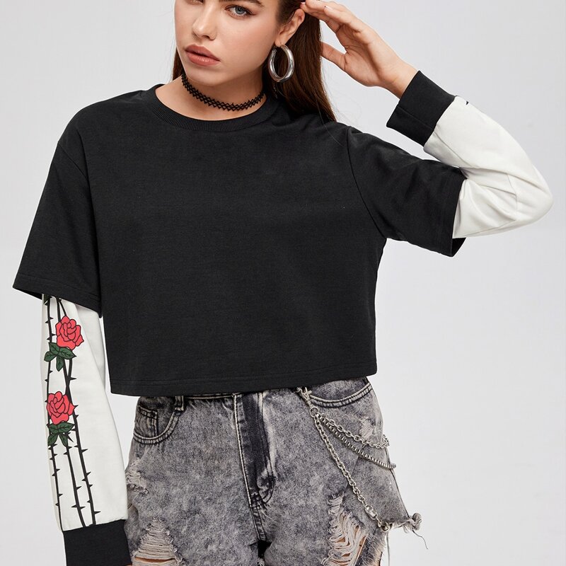 

2 In 1 Rose Graphic Crop Sweatshirt, Black and white