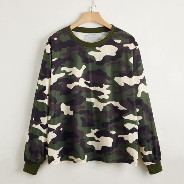 

Plus Camo Print Round Neck Sweatshirt, Multicolor