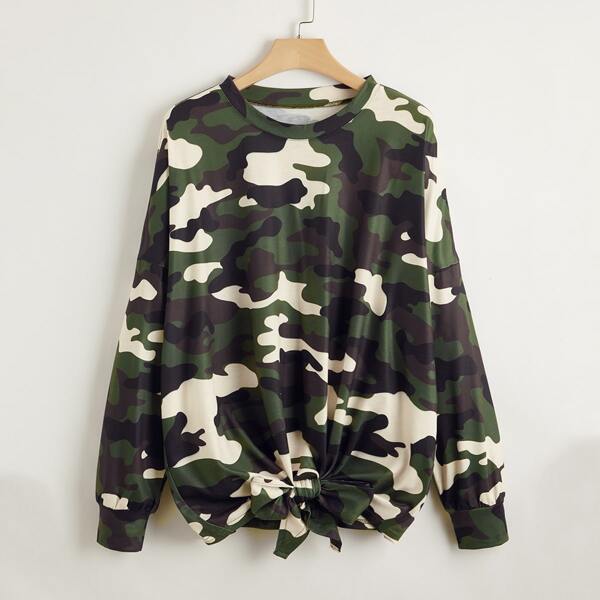

Plus Camo Print Knot Hem Sweatshirt, Multicolor