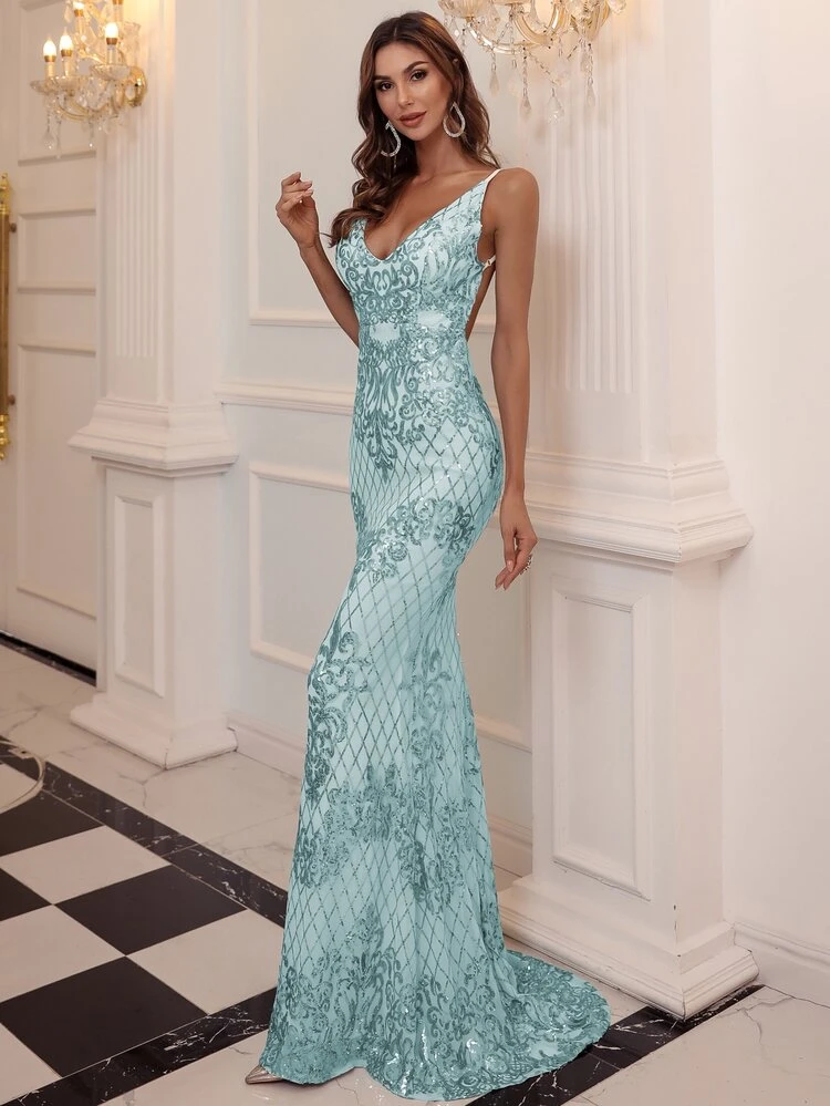 Missord Vestido de Formatura com Bainha de Sereia, Costas Abertas, Paetês, Elegante Vestido de Festa da Noite, Casamento Formal, Para Formatura, Vestido de Jantar - Azul menta - Visão 6