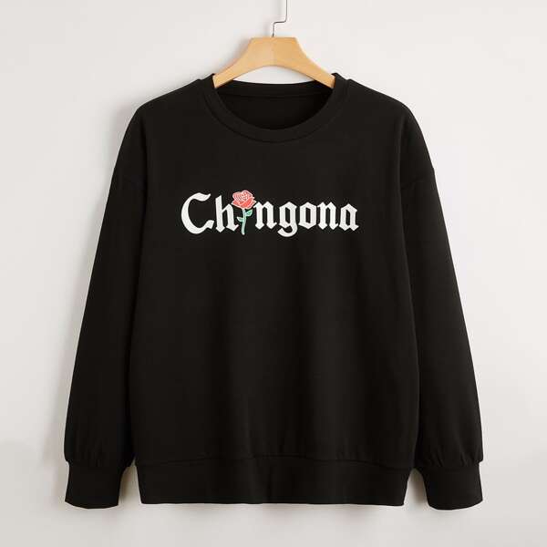 

Plus Floral And Letter Graphic Drop Shoulder Sweatshirt, Black