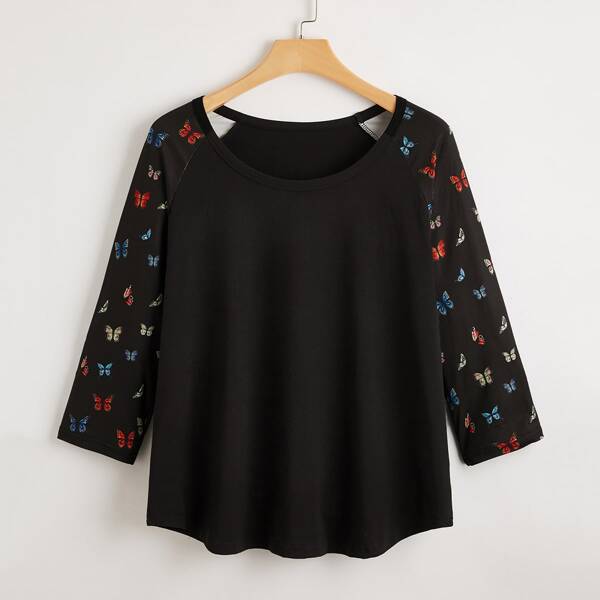 

Plus Butterfly Print Raglan Sleeve Tee, Black
