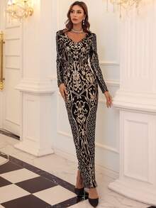 Missord Split Hem Baroque Sequin Prom Dress - Multicolor - View 3