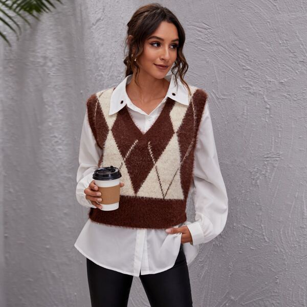 

Argyle Pattern Fluffy Knit Sweater Vest, Multicolor