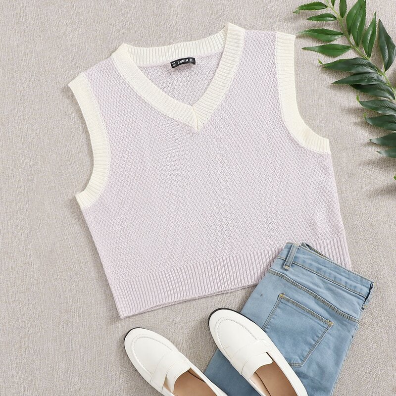 

Contrast Trim Ribbed Knit Sweater Vest, Pastel lilac purple