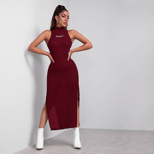 

Mock-Neck Letter Embroidery Split Thigh Rib-knit Dress, Maroon