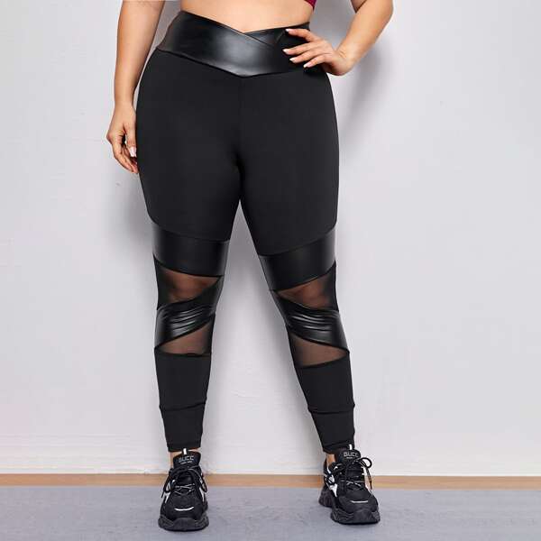 

Plus Mesh And PU Panel Solid Sports Leggings, Black