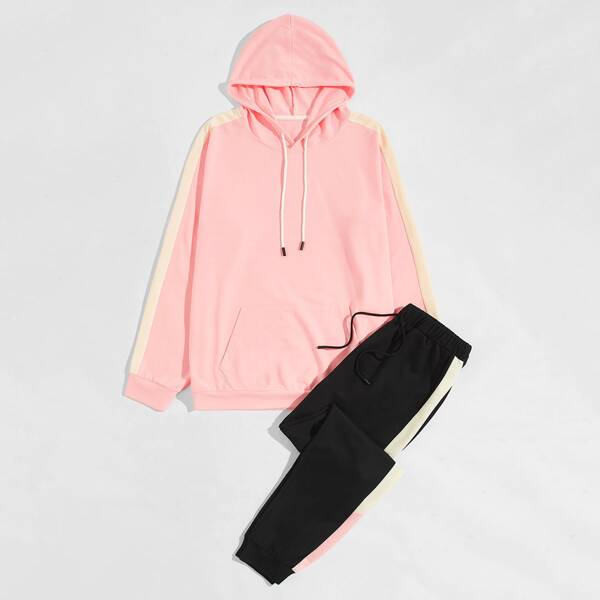 

Men Contrast Panel Drawstring Hoodie With Sweatpants, Multicolor