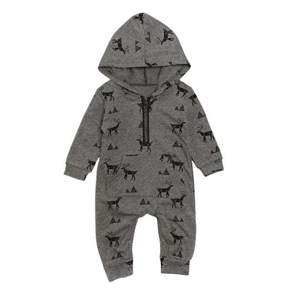 

Baby Boy Deer Print Half Zipper Hooded Jumpsuit, Dark grey
