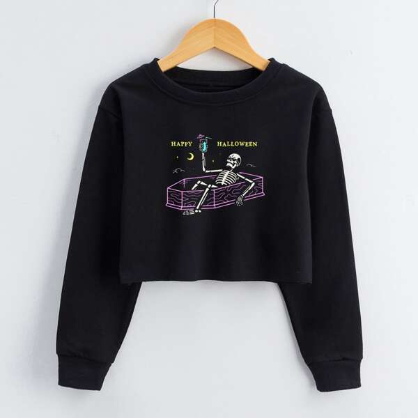 

Girls Skeleton And Slogan Graphic Sweatshirt, Black