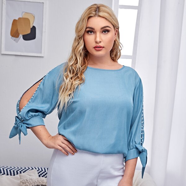 

Plus Pearls Split Sleeve Tie Cuff Denim Blouse, Light wash
