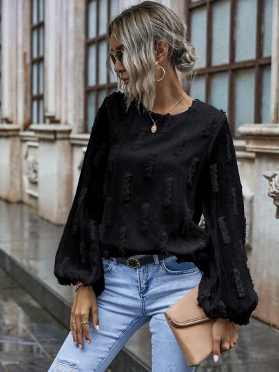 Solid Fuzzy Bishop Sleeve Blouse