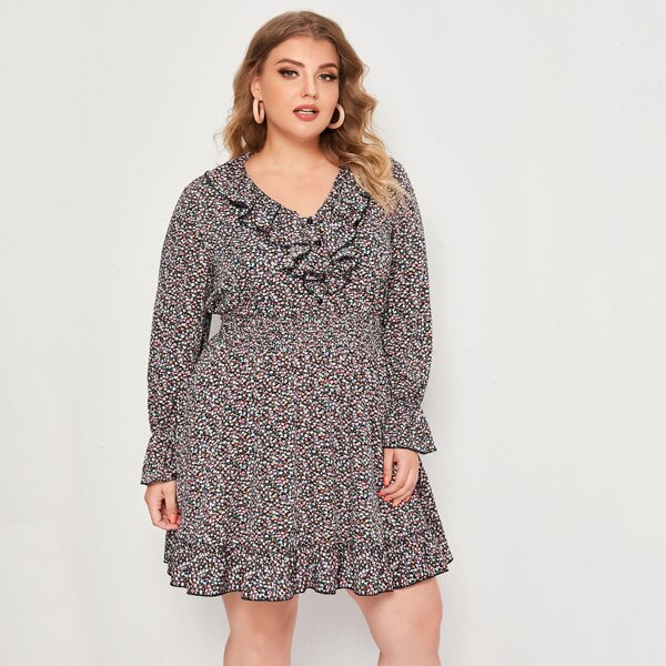 

Plus Ditsy Floral Print Ruffle Trim Dress, Multicolor