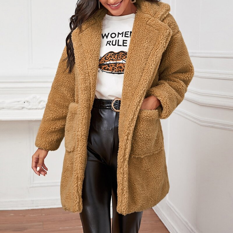 

Lapel Collar Dual Pockets Teddy Coat, Brown