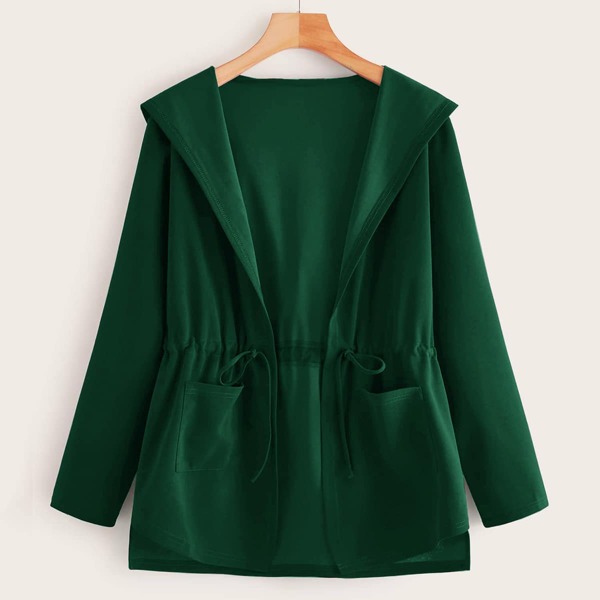 

Drawstring Waist Dual Pocket Hooded Coat, Dark green