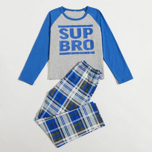 

Boys Letter And Tartan Print PJ Set, Multicolor