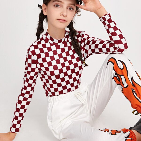 

Girls Mock Neck Checker Top, Red and white