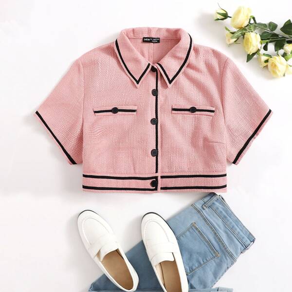 

Plus Contrast Trim Crop Tweed Blouse, Pastel coral pink