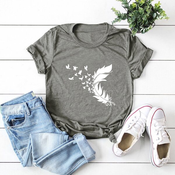 

Feather & Butterfly Print Tee, Grey