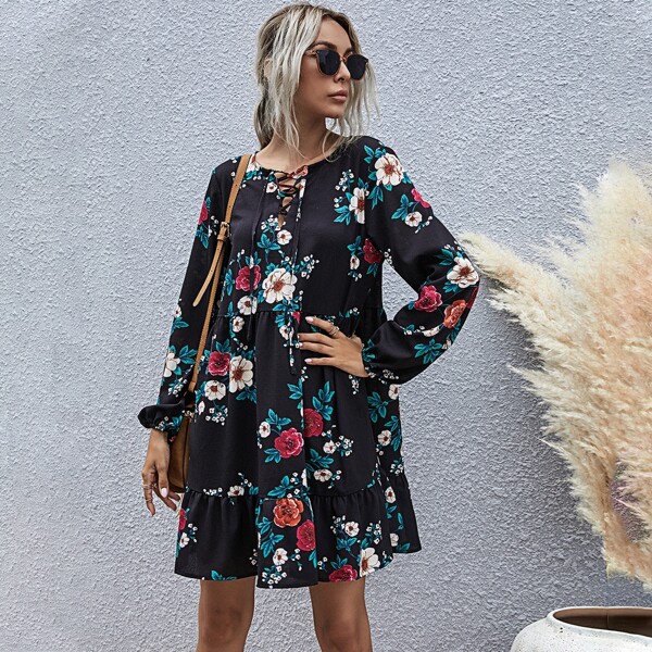

Floral Lace Up Bishop Sleeve Babydoll Dress, Multicolor