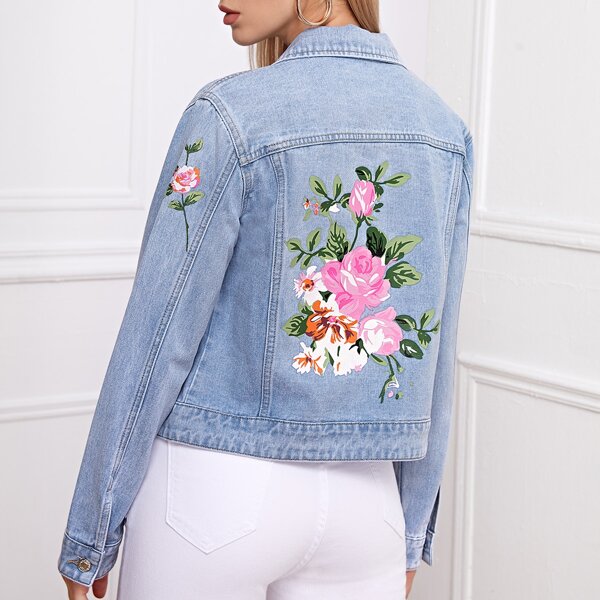 

Light Wash Floral Print Denim Jacket