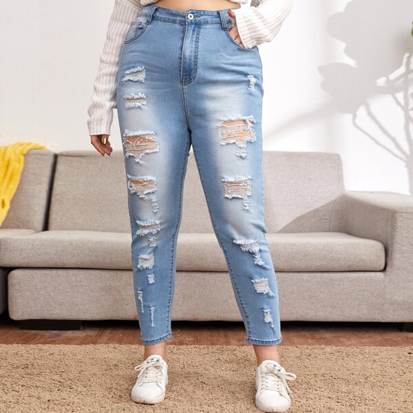 

Plus Curvy High Waist Ripped Skinny Jeans, Light wash