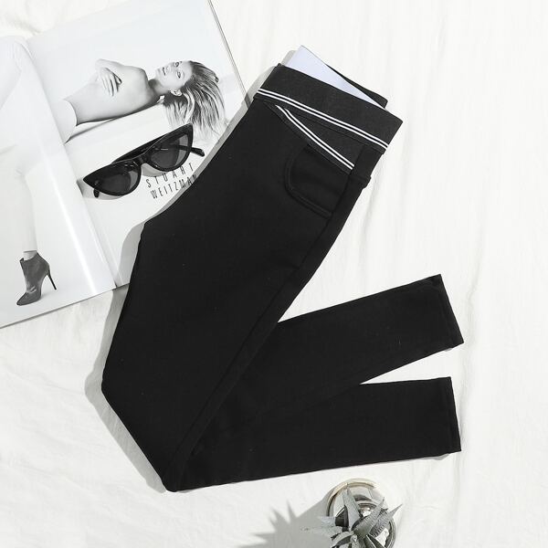 

Fleece Lined High Stretch Striped Jeggings, Black