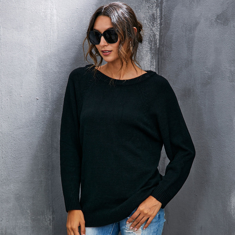 

Raglan Sleeve Tie Back Solid Sweater, Black