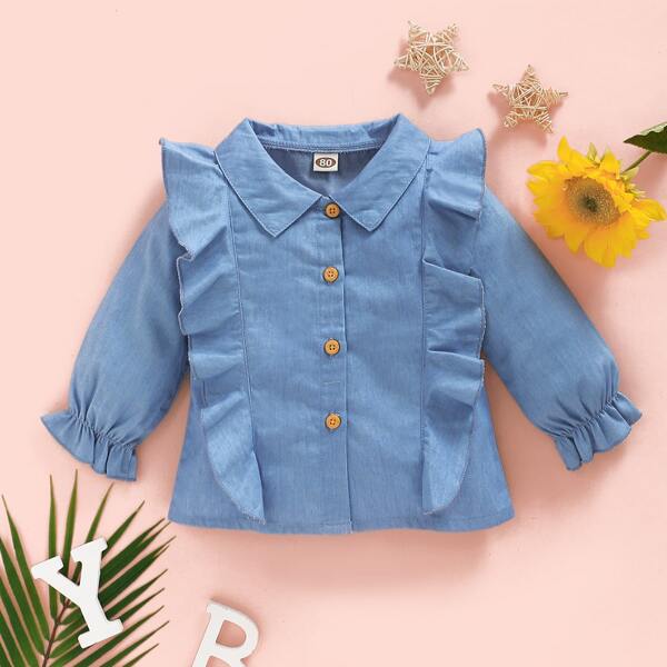 

Baby Girl Flounce Sleeve Ruffle Trim Denim Blouse, Medium wash