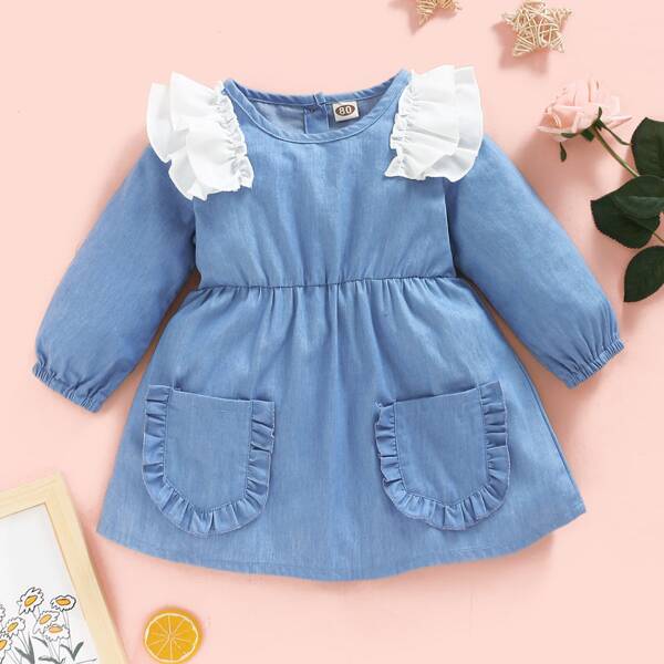 

Baby Girl Ruffle Trim Dual Pockets Denim Dress, Medium wash