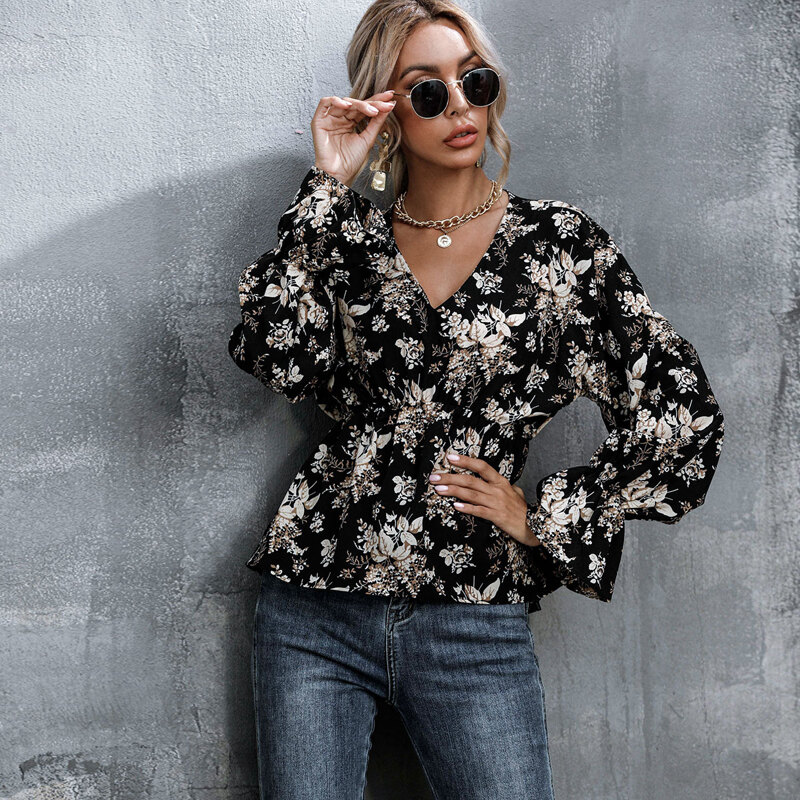 

V-neck Allover Floral Peplum Blouse, Multicolor