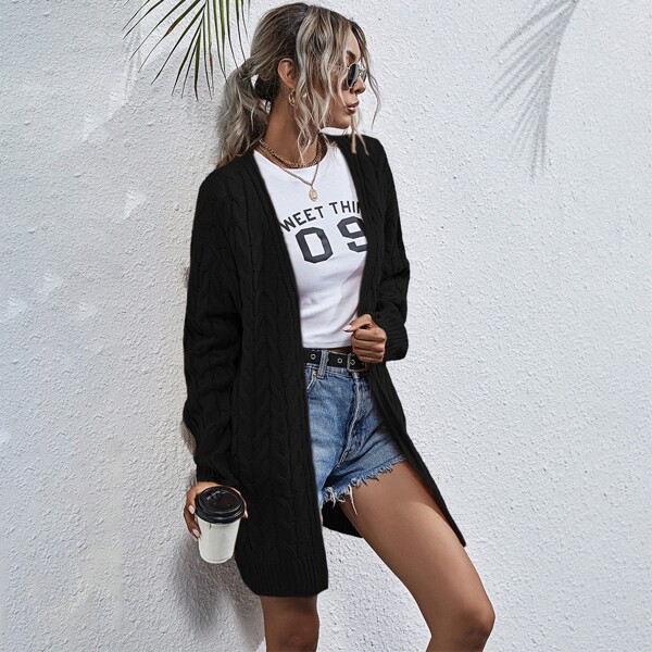 

Cable Knit Open Front Cardigan, Black