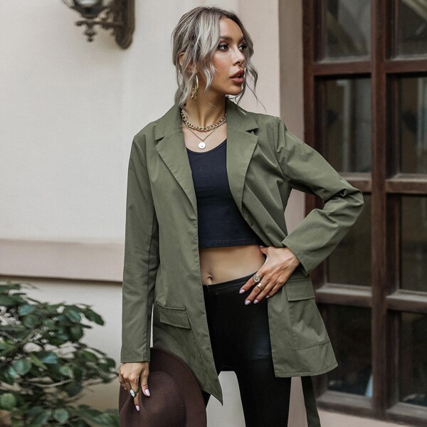 

Lapel Neck Self Tie Coat, Army green