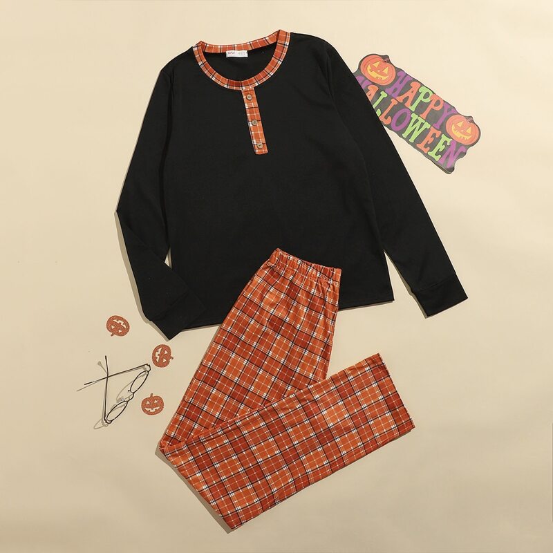 

Button Detail Sweatshirt & Plaid Pants PJ Set, Multicolor