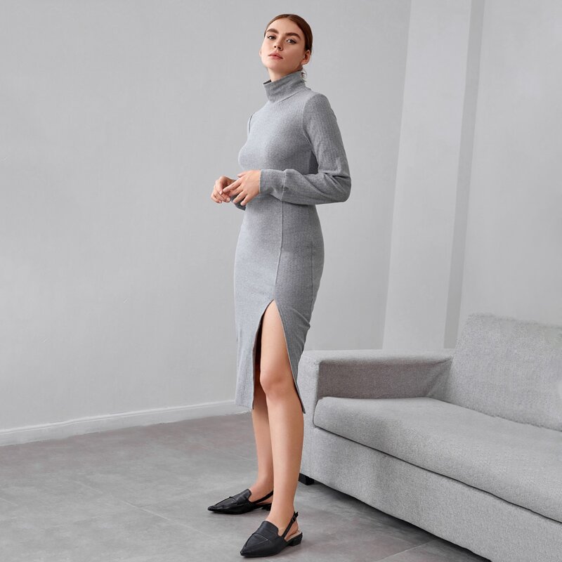

High Neck Split Thigh Rib-knit Dress, Light grey