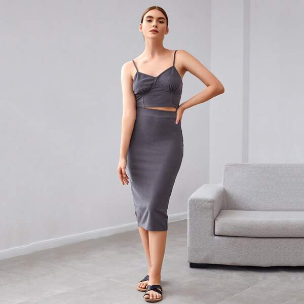 

Solid Bustier Crop Cami Top, Grey