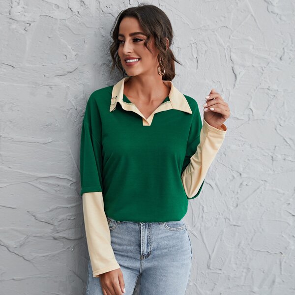 

Contrast Sleeve Ring Drop Shoulder Tee, Green