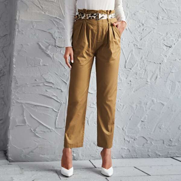 

Paperbag Waist Belted Tailored Pants, Khaki