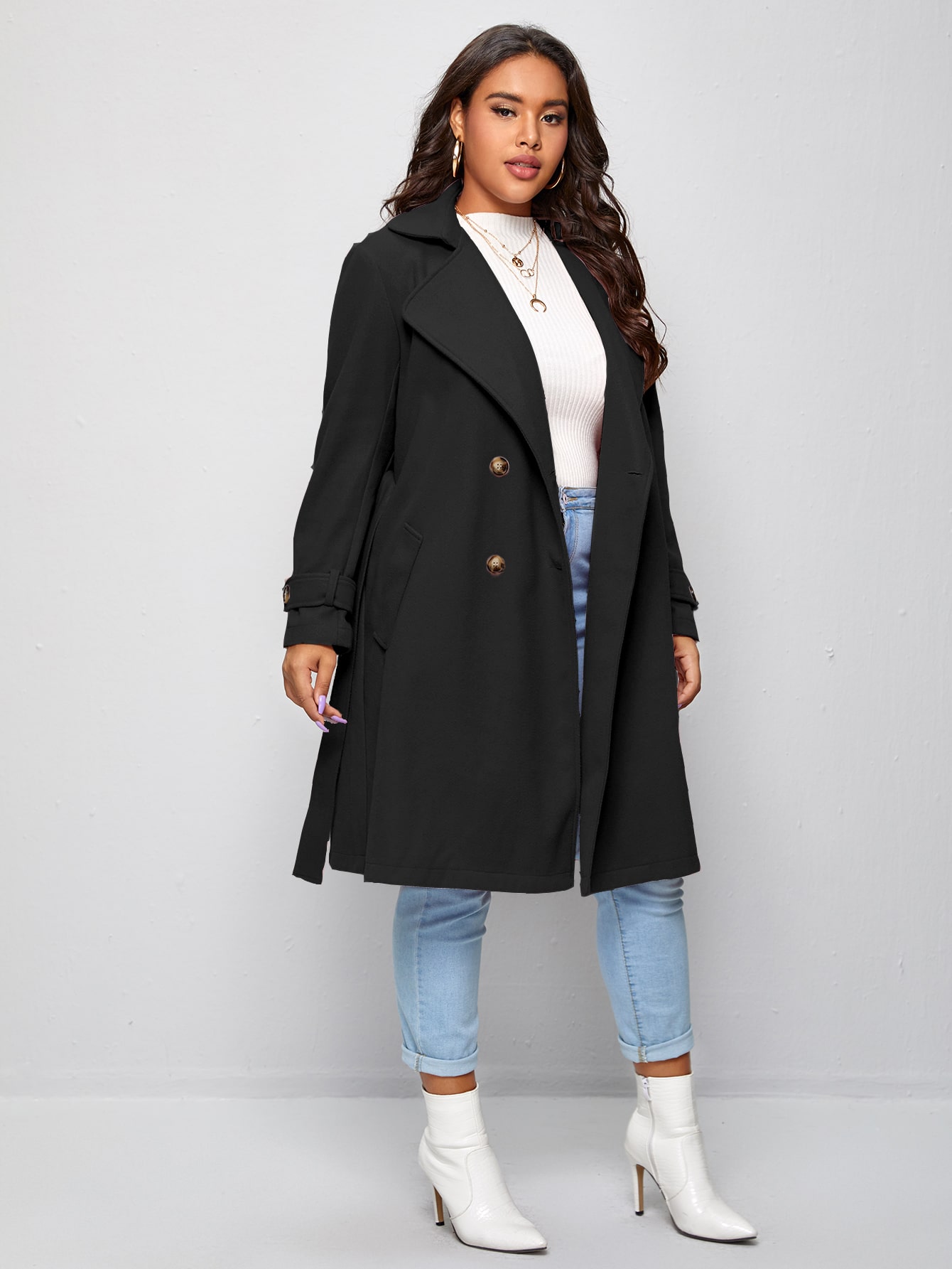 Plus Lapel Collar Double Breasted Self Tie Overcoat thumbnail