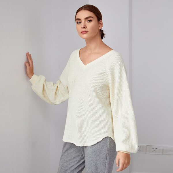 

V-neck Lantern Sleeve Curved Hem Top, Beige