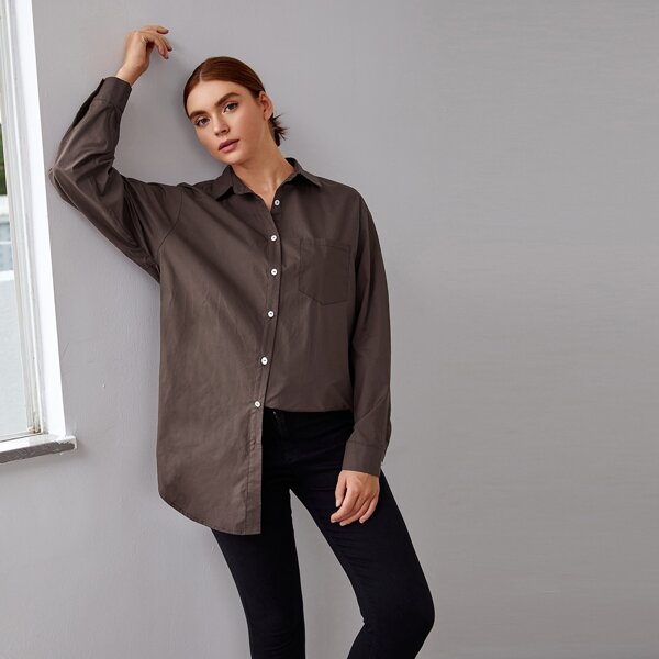

Drop Shoulder Curved Hem Patch Pocket Blouse, Chocolate brown
