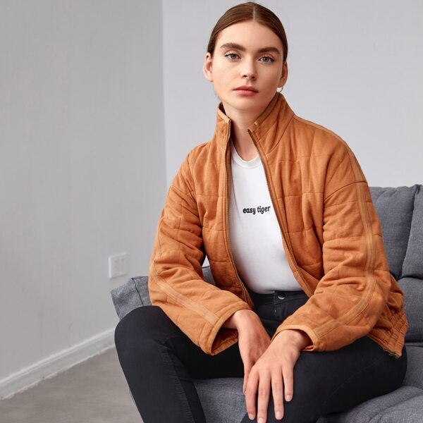 

Drop Shoulder Quilted Zipper Up Jacket, Ginger