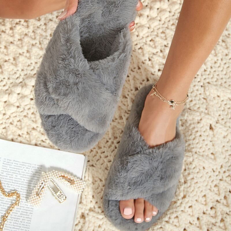 

Fuzzy Faux Fur Open-Toe Slipper Sandals, Grey