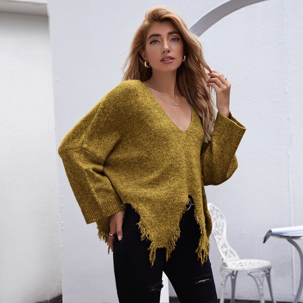 

Drop Shoulder Distressed Hem Sweater, Mustard yellow